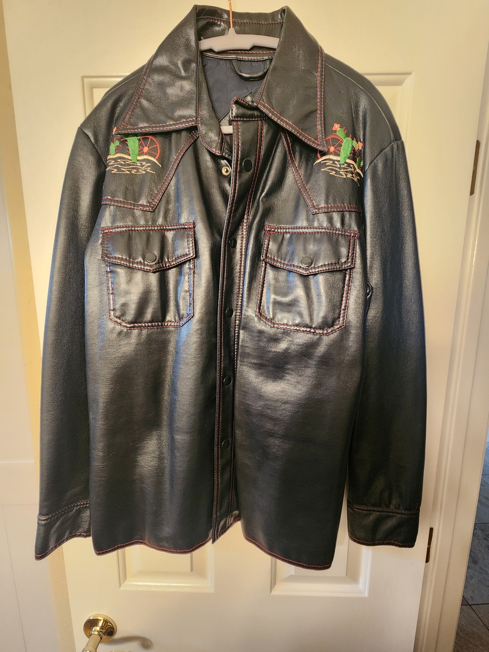 Men's Black Faux Leather Button-Up Large Western Saguaro Shirt/Jacket